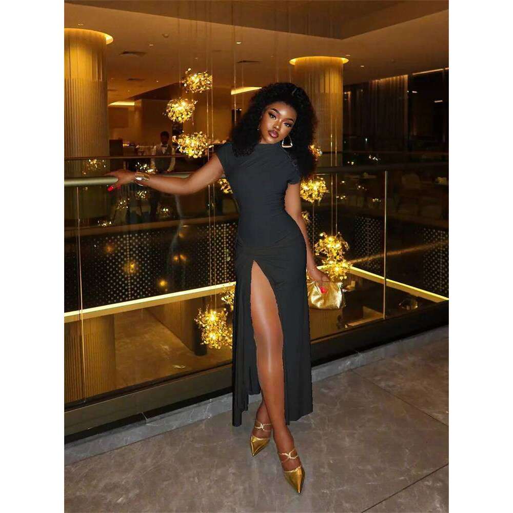 Cutenew Draped Slash Neck Women Dress Concise Incline Shoulder High Side Split A-line Maxi Bodycon Mujer New Elegant Party Frock C260312