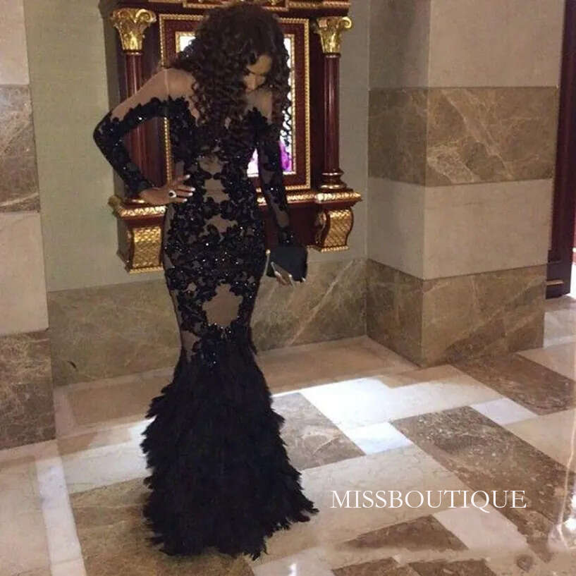 Luxury Black Feather Prom With Long Sleeves Sheer Champange Arabic Evening Real Tulle Mermaid Formal Dresses Gowns Plus Size O28 B0312