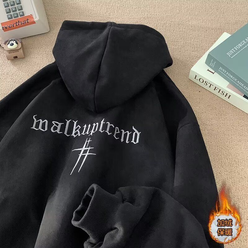 Spring And Autumn Suede Sweatshirt For Men New Loose-fit Trendy Designer Hoodie Brand With Embroidered Letters Fleece-lined Hooded Top