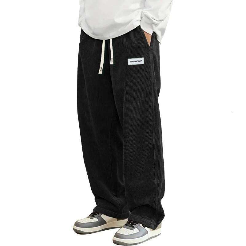 Autumn Mens Corduroy Casual Fashion Loose Fit Pants Straight Sweatpants Elastic Waist Drawstring Outdoor Streetwear