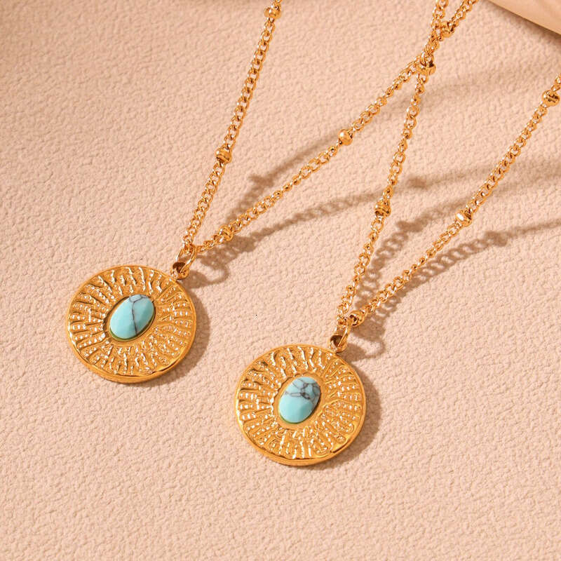 Women's Vintage Necklace: Square-shaped Ethnic Style Turquoise Pendant Necklace 18k Gold Geometric Karst Texture Round Collarbone Chain, Daily Je