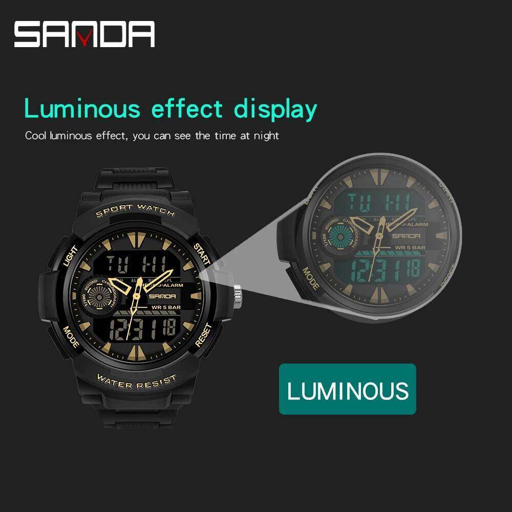SANDA 6002 New design Large Men Watches Digital Sport Watch Luminous 5BAR Waterproof Male Quartz Dual Display relogio masculino