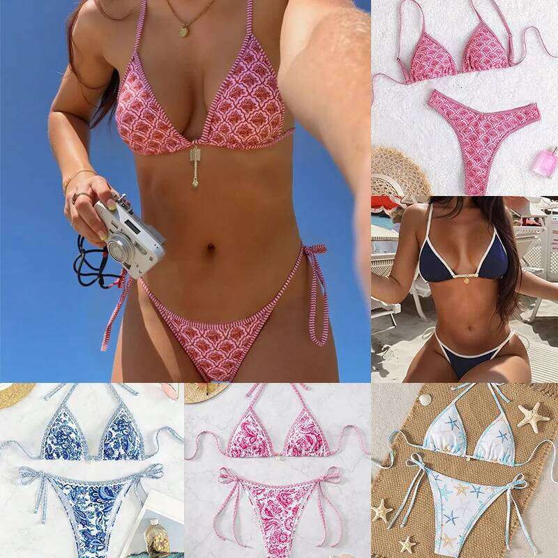 Fashion Print Swimwear for Women Sexy Backless Swimsuit Set Split Bathing Suit LowWaist Binding Strap Beach Bikini Y260303