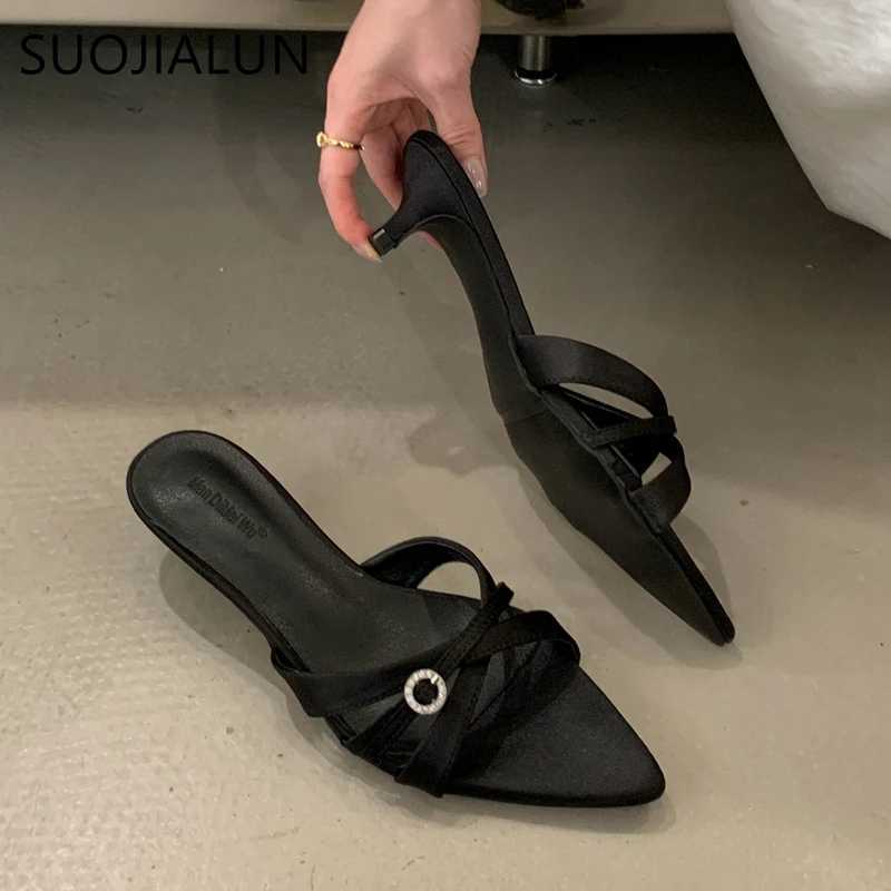SUOJIALUN 2025 Summer New Women Slipper Fashion Pointed Toe Open Toe Ladies Elegant Slides Thin Low Heel Outdoor Dress Sandal K260312
