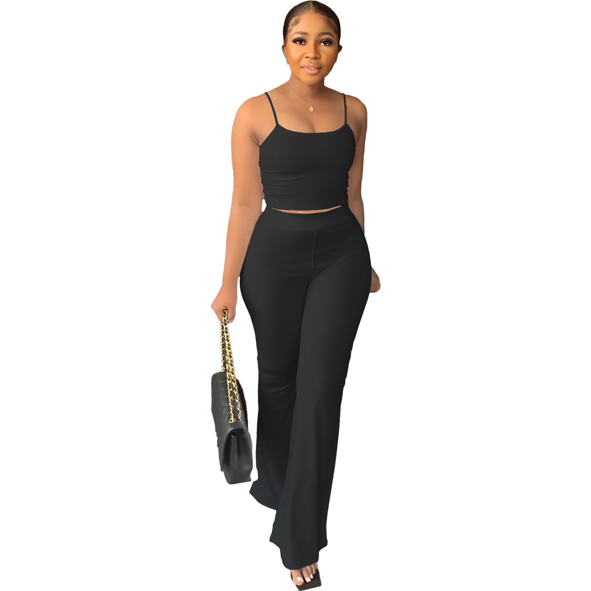 Womens Solid Color Camisole Slim Fit Bell-Bottom Pants Simple Fashion Set