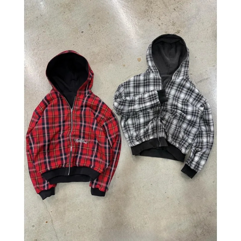 Spring and Autumn American Trendy Double sided Stand up Hoodie cardigan casual workwear plaid jacket 260311