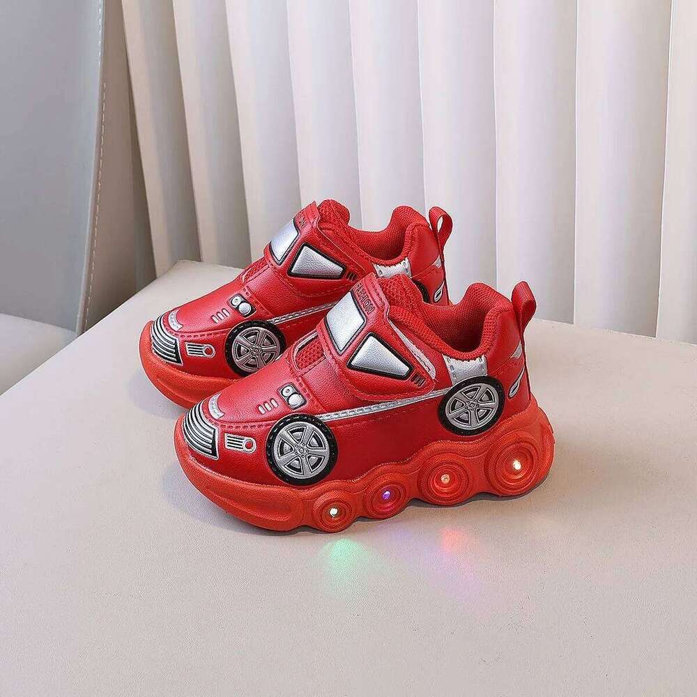 Diseny Kids'Casual Led Light Car Club Cartoon PU Leather Spring For Children Anti-slip Red Blue Shoes Size 21-30 H260312