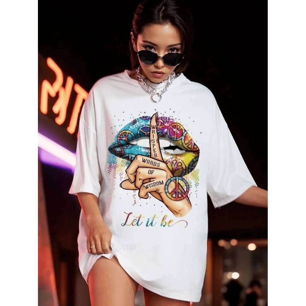 Women's Casual Graphic Print T-Shirt - Oversized Drop Shoulder, Short Sleeve Crew Neck Top with Vibrant Lip and Peace Z260312