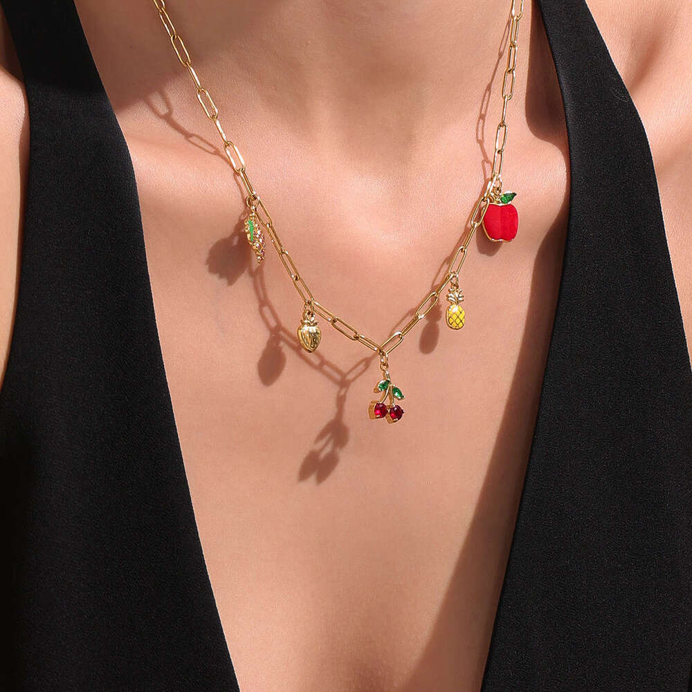 Stainless Steel DIY Cherry, Grape, Pineapple Pendant Necklace Ins Round Hollow Heart Zircon Clavicle Chain