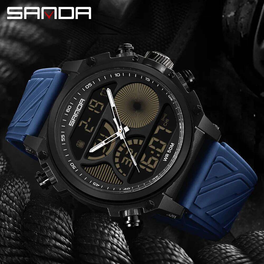 SANDA 6236 New Electronic Watch Sport Fashion Large Dial Dual Screen Multi functional Waterproof LED Night Light Men Watche