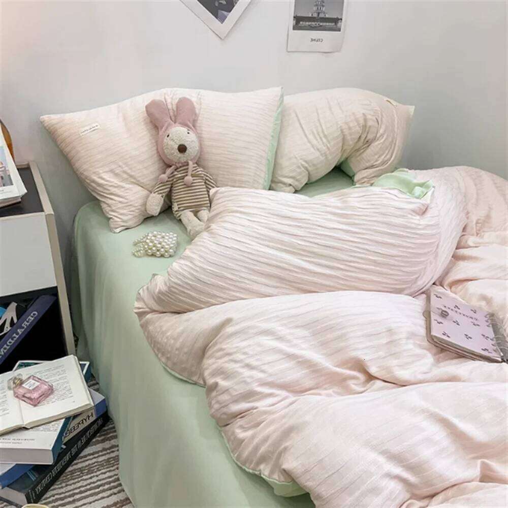 Ins Light Blue Bubble Washed Cotton Bed Sheet Bedding Four Season Duvet Nordic Style Three Piece Set H260312
