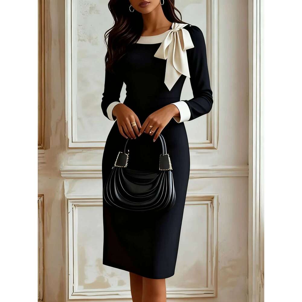 Women's Autumn Professional Elegance Bow Tie Color-blocked Career Dress Goddess Style Tailored Fit C260312