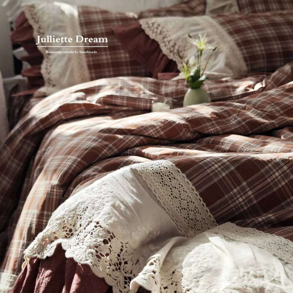 Korean Style Colorful Checkered Princess Bedding Set, 100% Cotton Washed Yarn-Dyed Lace Ruffle Skirt Duvet Cover Bed Linen H260312