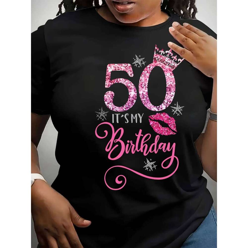 Chic 50th Lips Print T-Shirt - Casual Crew Short Sleeve Top for Women & Summe Round Neck Birthday Z260312