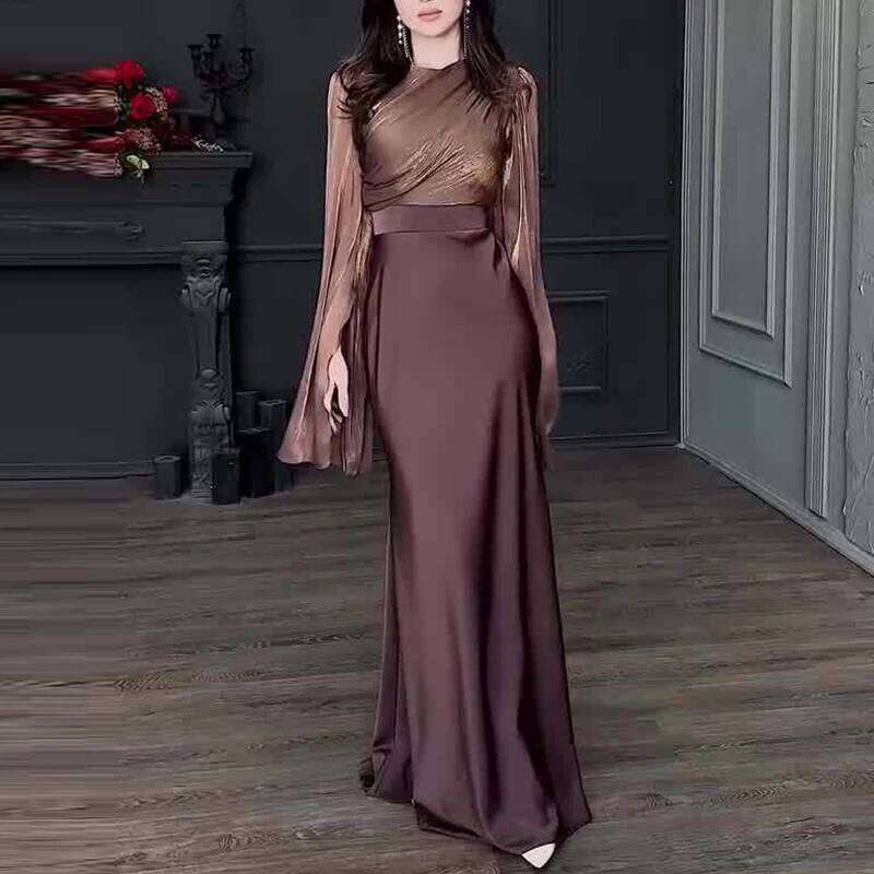 Vintage High Waisted Women Satin Dress New Ladies Temperament Crew Collar Elegant Slim Long Sleeve Banquet Dresses C260312