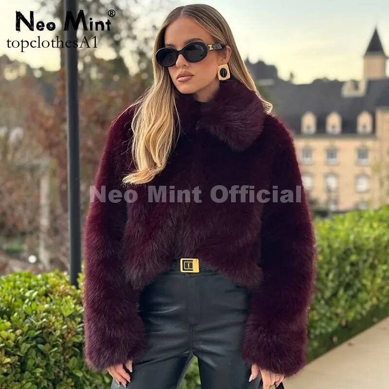 Neo Mint Ins Blogger Brand Fashion Burgundy Obsession Faux Coat Women Winter 2025 Vintage Brown Fox Fur Jacket Warm Overcoat