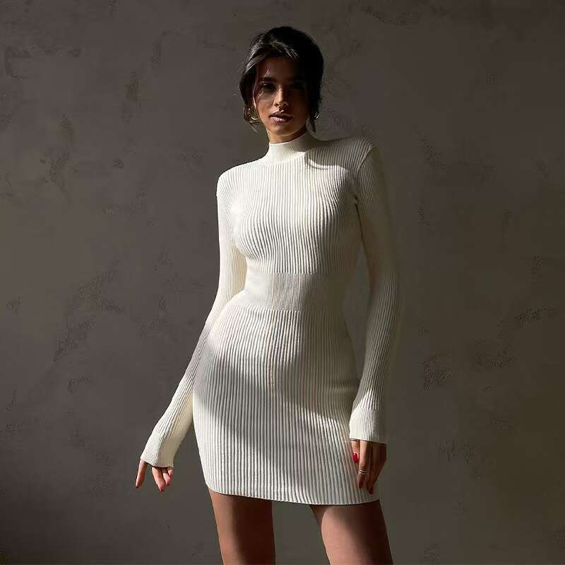 2025 High Neck Long Short Striped Knitted for Women, Solid Color, Tight-Fitting, Sexy, Style, Autumn Winter, European and American Dress C260312