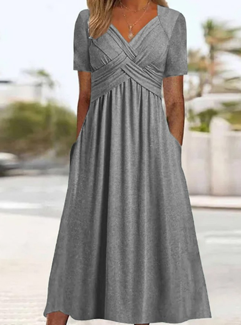 Basic & Casual Dresses 2026 Summer Solid Color Dress Fashionable And Casual V-neck Short Sleeved Mid To Long Length Dress Women's Clothing