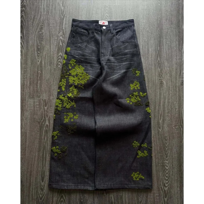 Mens Jeans Harajuku European Streetwear Floral Embroidery Denim Pants Straight Leg Loose Fit INS Casual Versatile Unisex Fashion 260310