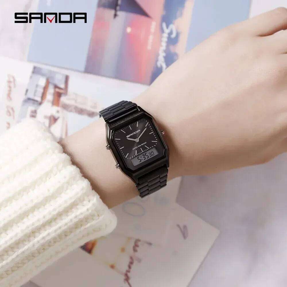 SANDA 747 Luxury Watch for Men Stainless Steel LED Digital Dual Display Clock Waterproof Sports Quartz Wristwatches Reloj Hombre