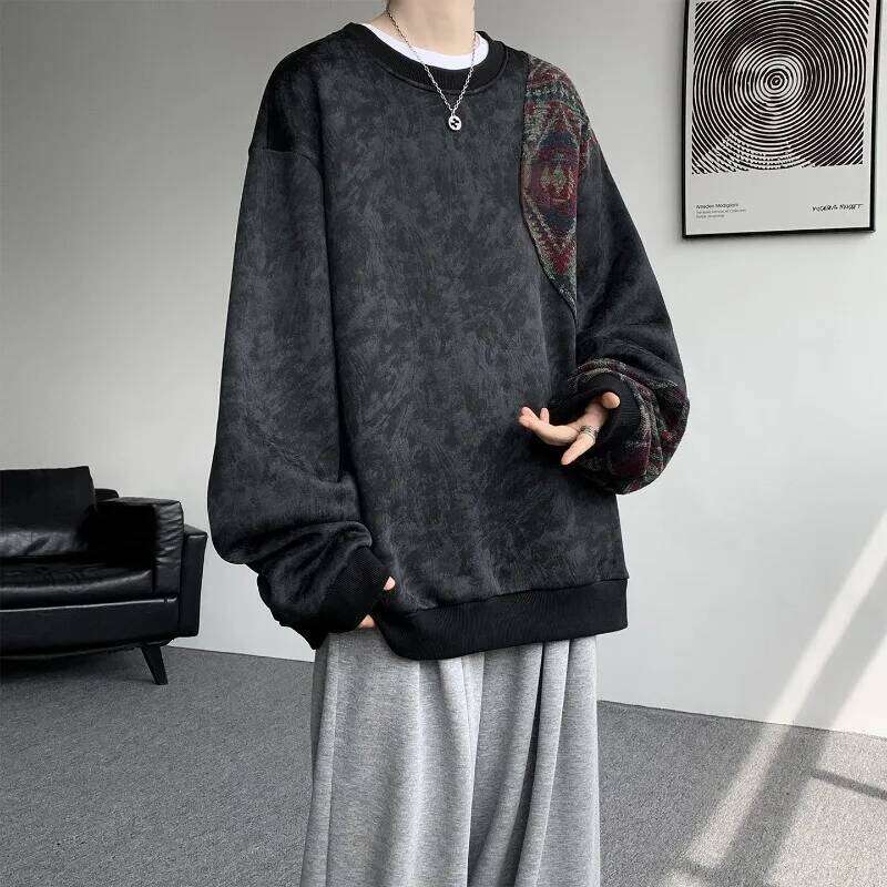 2026 New Men's Textured Print Stand Collar Henley Shirt Baggy Fit Lightweight Streetwear Top Crew Neck Sweatshirt