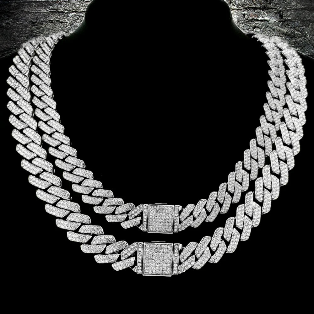 14mm Hip Hop Cuban Link Chain For Men Silver Color Iced Out Rhinestone Miami Necklace Choker for Women with Neck Chain Jewelry 260304