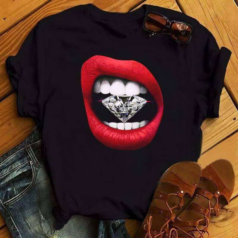 Sexy Colorful Diamonds Lip Print T Short Sleeve O Neck Loose Women Tshirt Ladies Tee Shirt Tops Camisetas Mujer Z260312