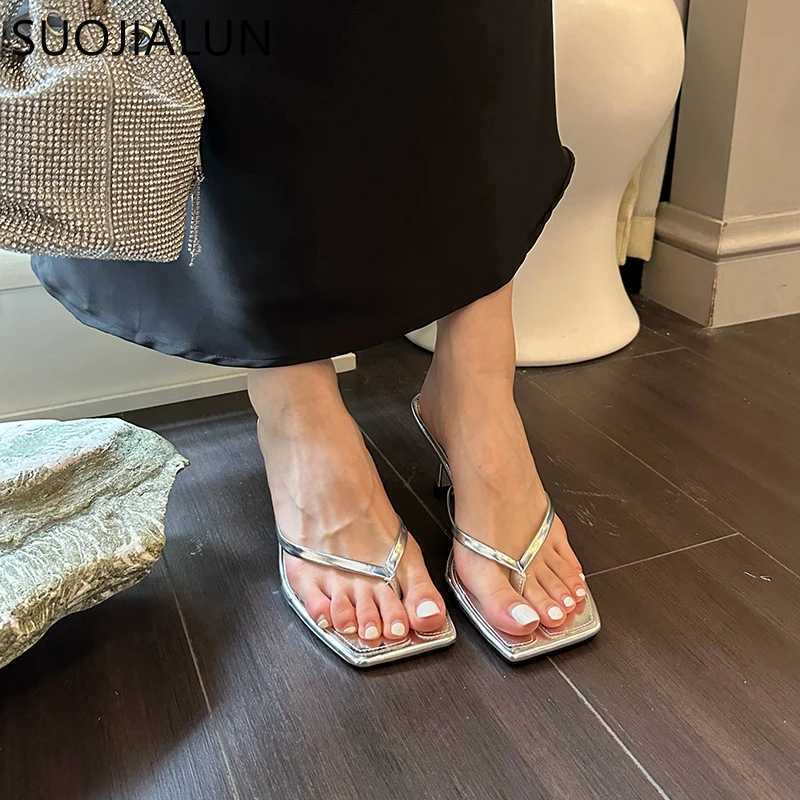 SUOJIALUN 2023 Summer Thin High Heel Women Slipper Fashion Narrow Band Slip On Ladies Flip Flop Outdoor Dress Sandal Slides Shoe K260312