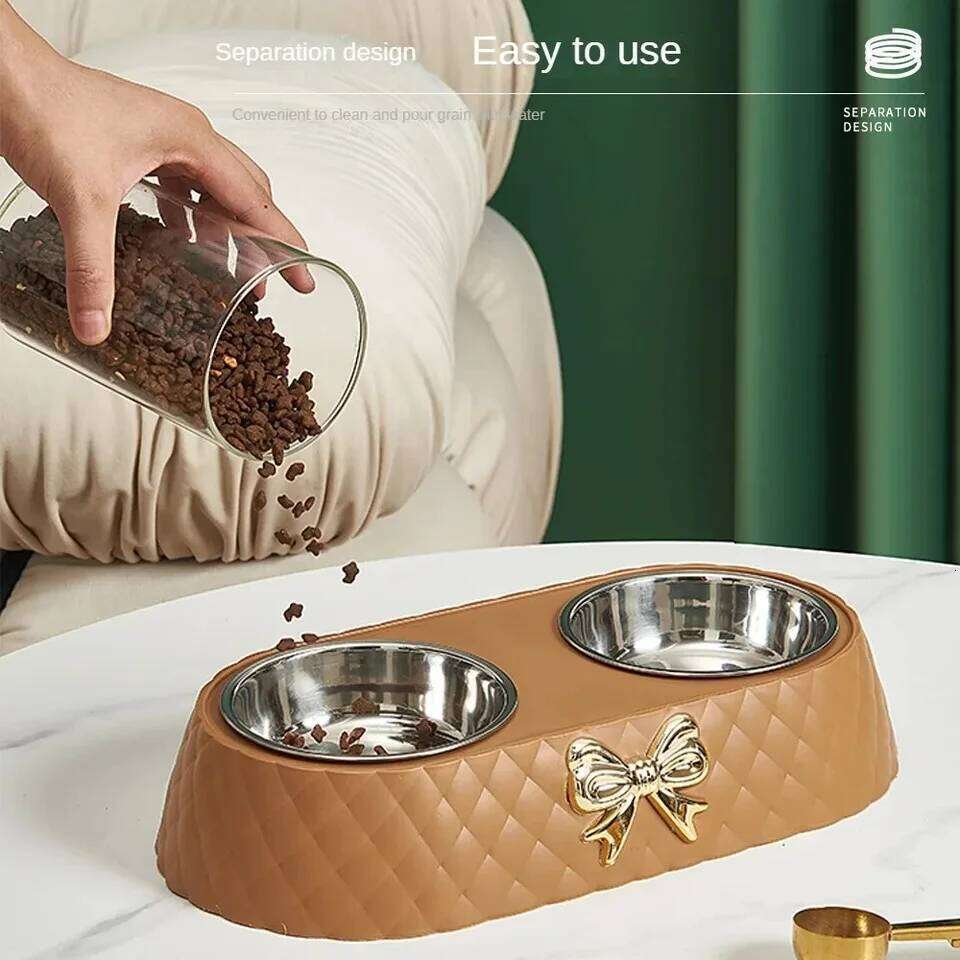 PP Base Bow-tie Bowknot Cat Feeder Stainless Steel Double Bowl Dog Food Feeding Drinking Container Pet Supplie 26Y0312