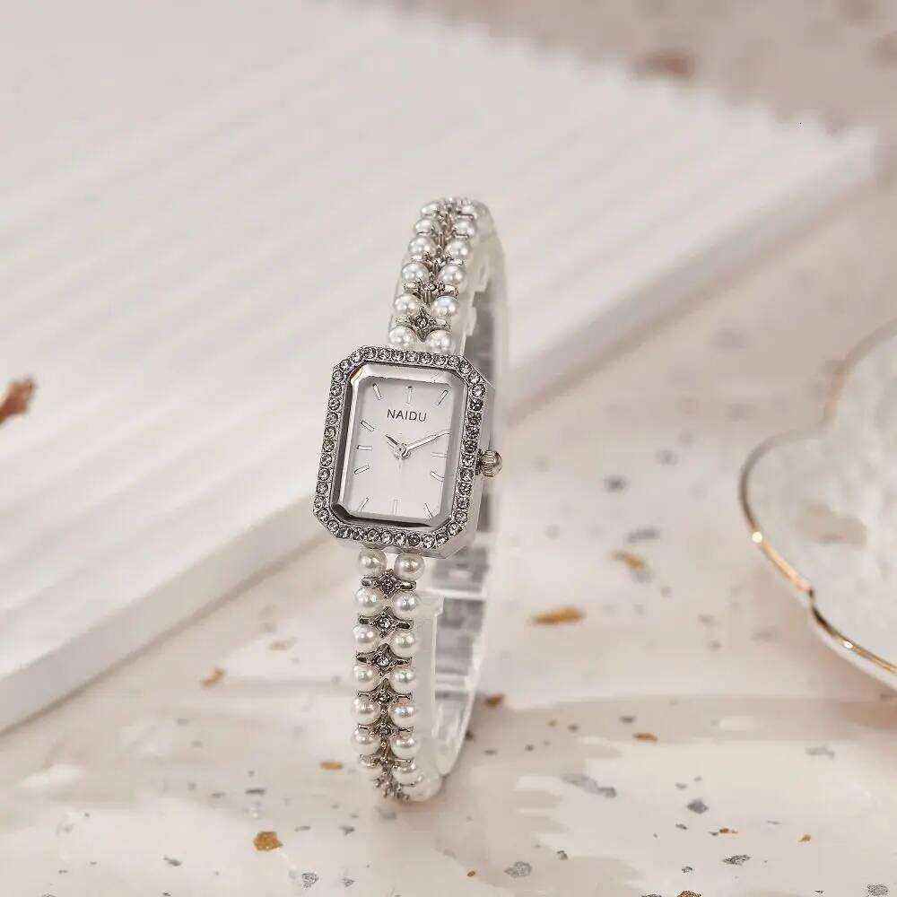 Fashionable Luxurious Ladies' Wristwatch Rhinestone Square Dial Imitation White Pearl Strap Waterproof Women Quartz Watch Reloj