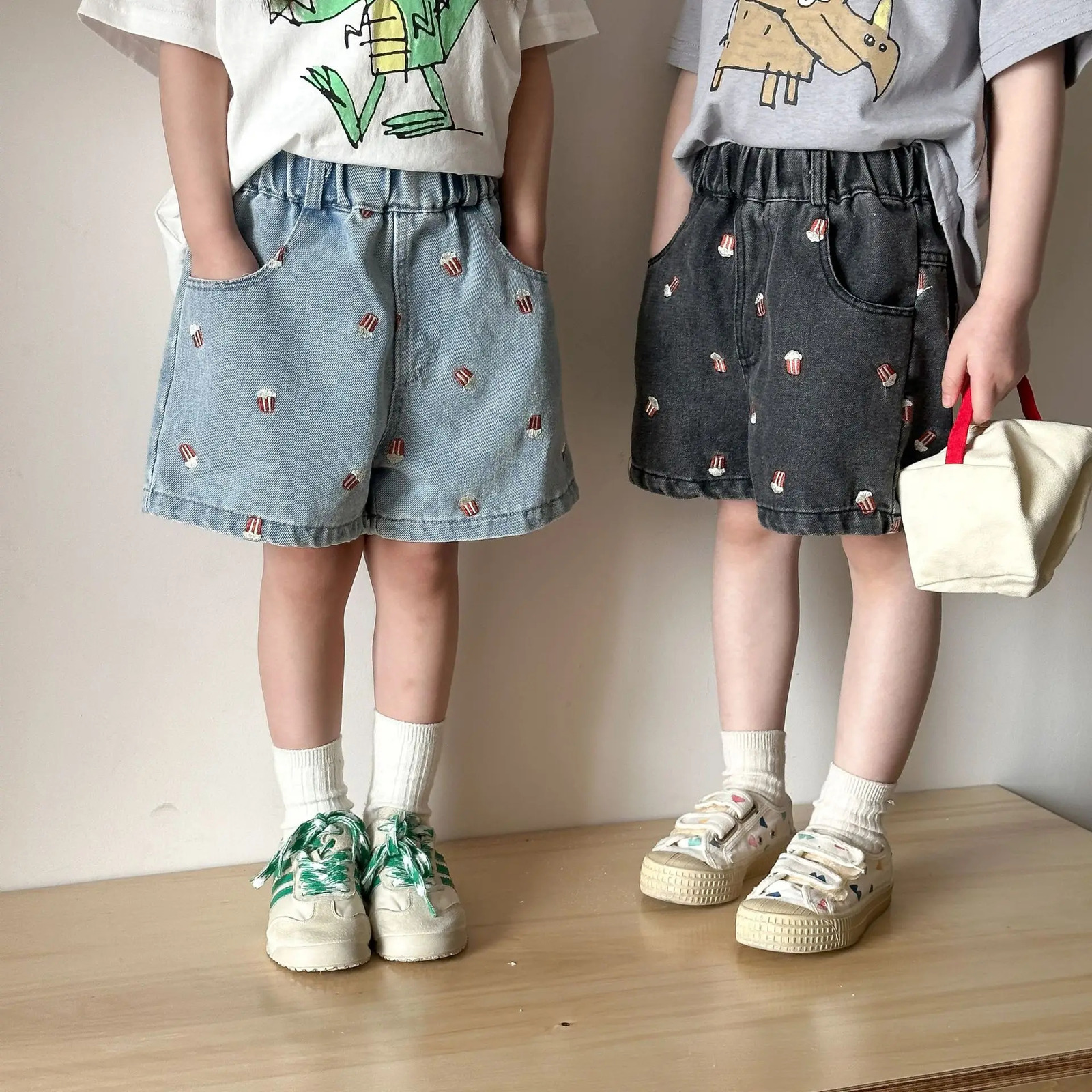 Summer Kids Denim Shorts Children Boys Girls Popcorn Embroidery Short Pants Casual Knee Length Jeans 260311