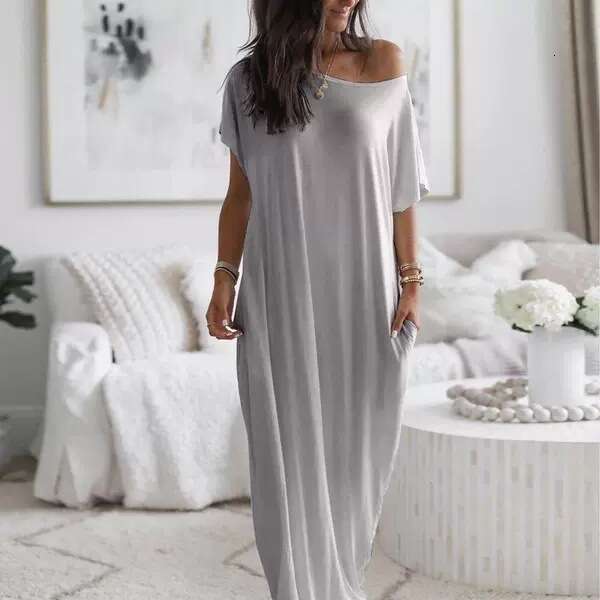 Popular foreign trade product: European and American summer new women's solid color short-sleeve long casual dress