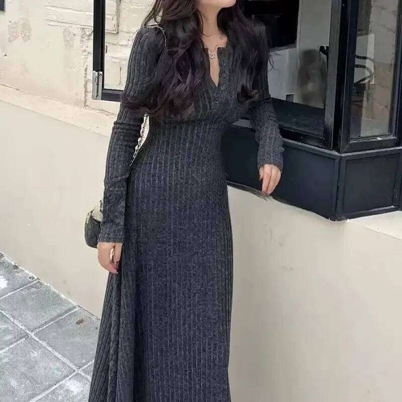Slim-fitting Elegant Bottoming Slim Autumn Winter Knitted Long-sleeved French New Waist Dress C260312