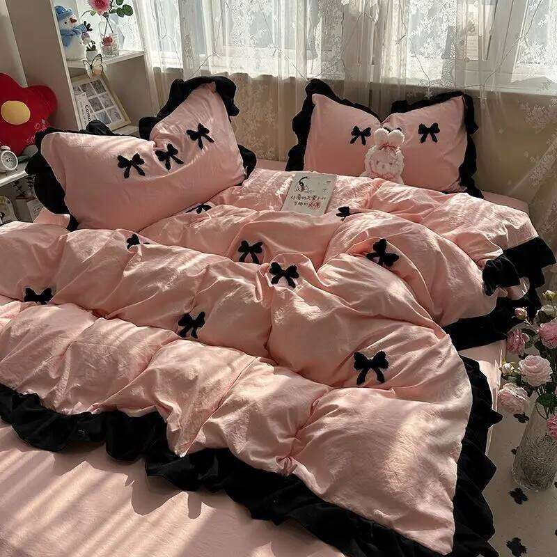 Ins Pink Bow Bedding Ruffles Duvet Cover Flat Sheet Women Girls Princess Bed Linen Set Single Twin Queen Bedclothes H260312
