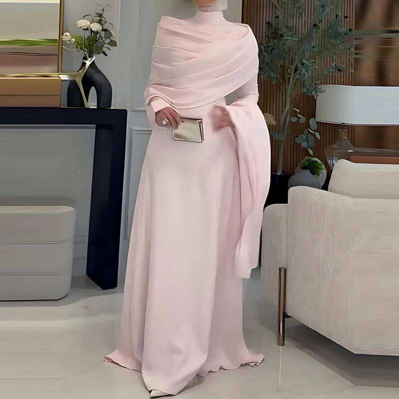 Women's Casual Sleeve Draped Gowns Elegant Cape Design Long Dresses Fashion Stand Collar Irregular Floor Length Dress C260312