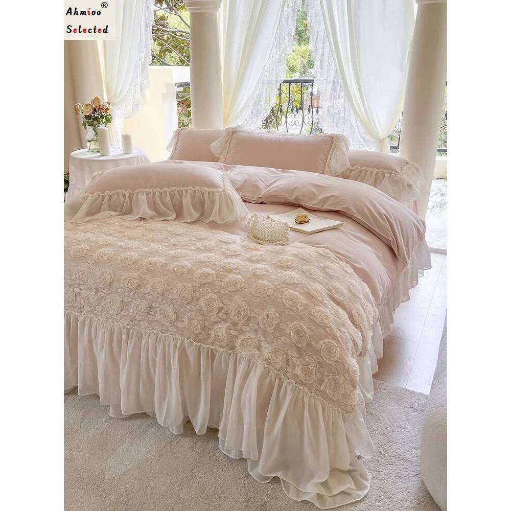 Korean Style Soft Cotton 3D Rose Lace Bedding Set, King Queen Princess Duvet Cover Bed Skirt Bedspread,High end Home 4pcs H260312