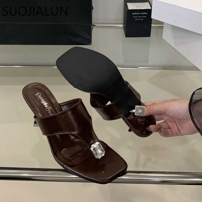 SUOJIALUN 2025 New Women Slipper Fashion Crystal Slip On Flip Flop Shoes Thin High Heel Elegant Outdoor Dress Sandal Pumps K260312