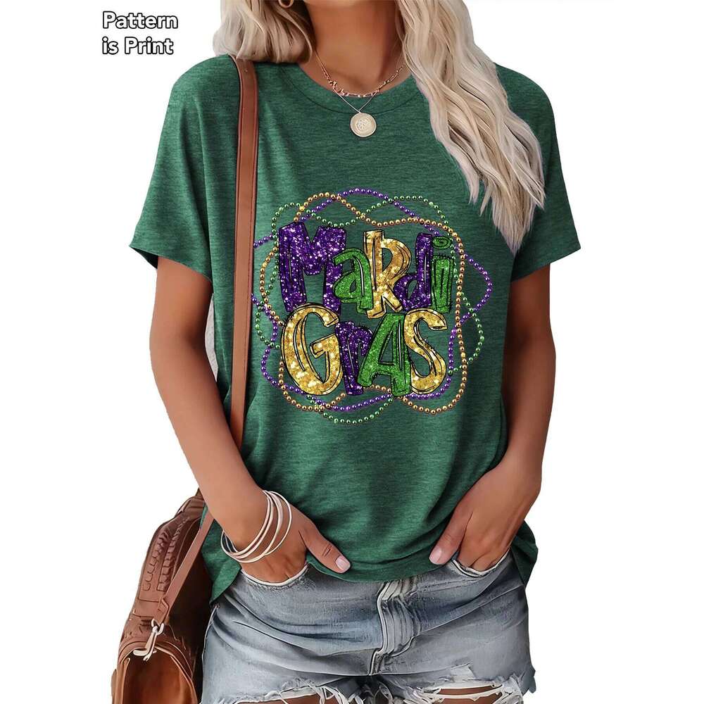 Women Mardi Gras T-Shirt Purple Green Gold Text Summer Short Sleeve Tee Casual Festival Party Gift Top Multi Colors Available Z260312