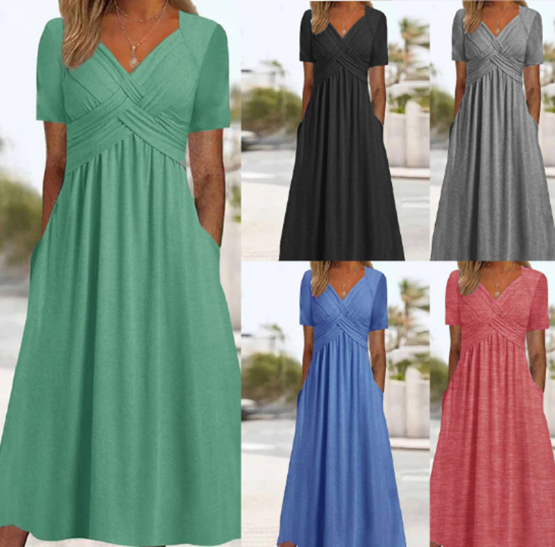 Basic & Casual Dresses 2026 Summer Solid Color Dress Fashionable And Casual V-neck Short Sleeved Mid To Long Length Dress Women's Clothing