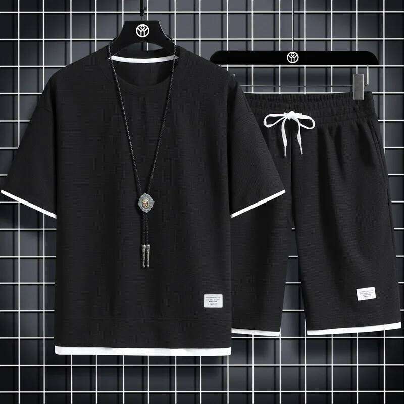 2025 Summer Men's Sports Casual T-Shirt + Set Waffle Solid Color Short-sleeve Shorts Two Sets Tracksuit Loose Suits