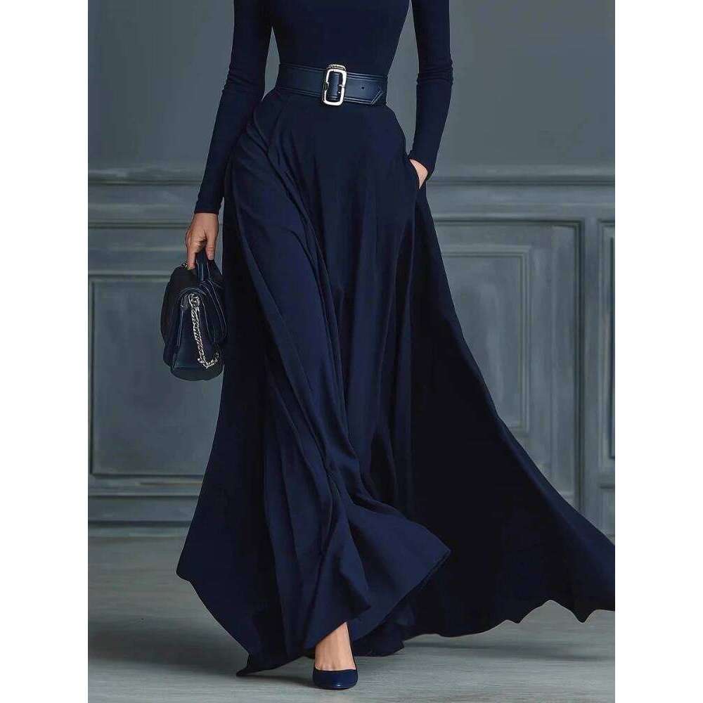 Women Elegant Color Turtleneck Maxi Dress Solid With Pockets Skirt Sleeve Office Party Long Dresses C260312