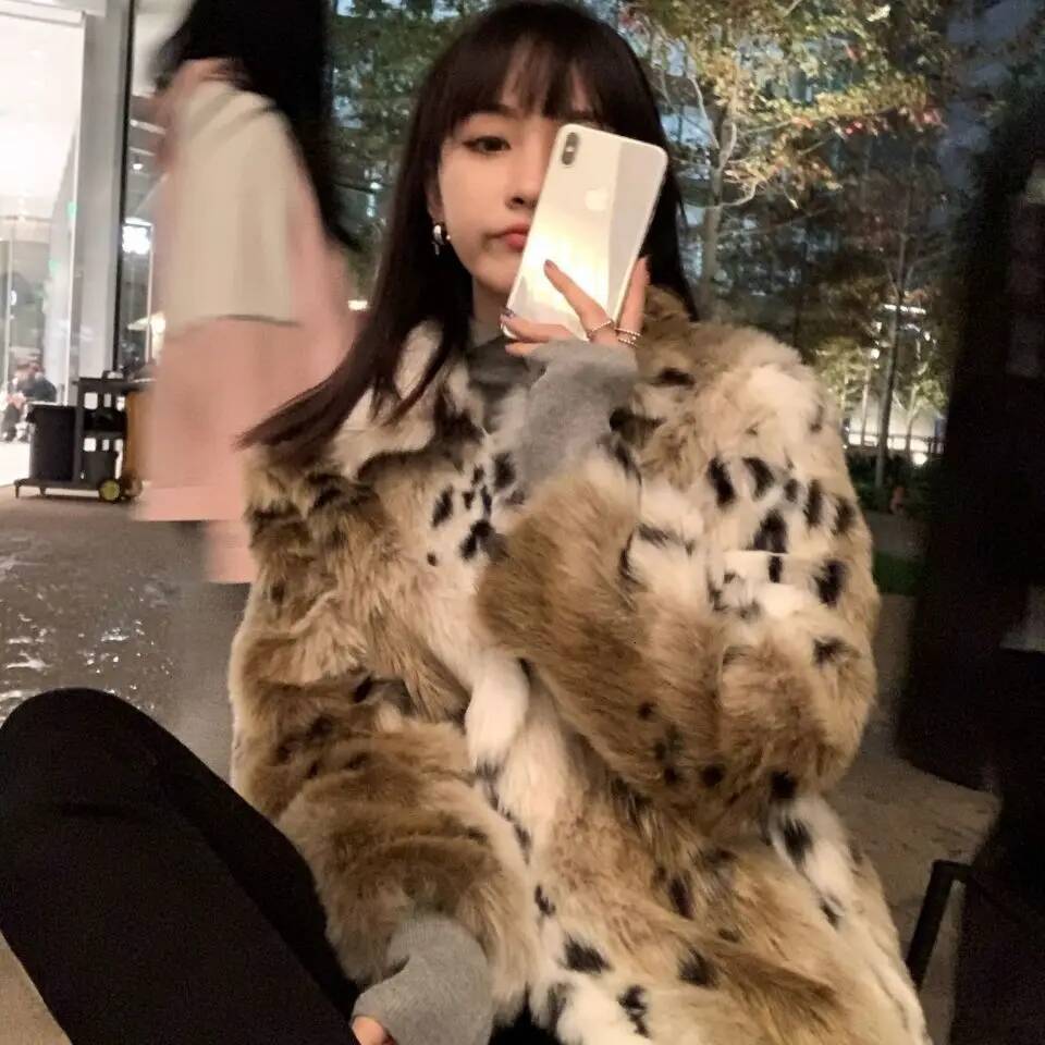 Luxury Faux Mink Leopard Bomber Jacket Thick Gradient Imitation Fox Fur Dots Printed Coat Furry Cardigan Parka Tops Abrigos