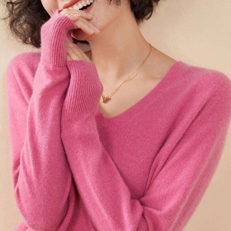 100% Sweater V-Neck Long Sleeve Pullover Spring/Autumn New Female Cashmere Knitwear Tops Basic Women's Clothing MAKOUFEI