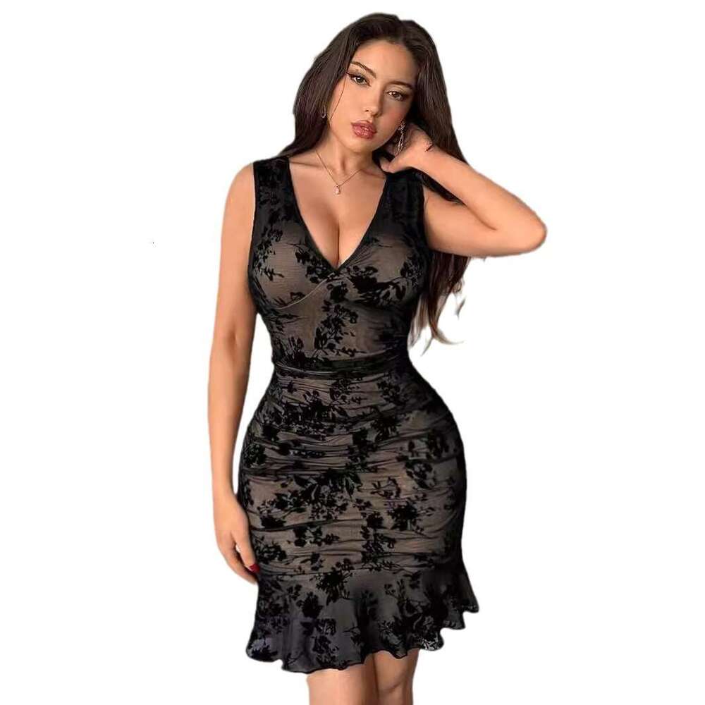 Summer Amazon Women's Elegant Flocked Deep V-Neck Sleeveless Mini Dress With Ruffled Hem Overseas Hot Item