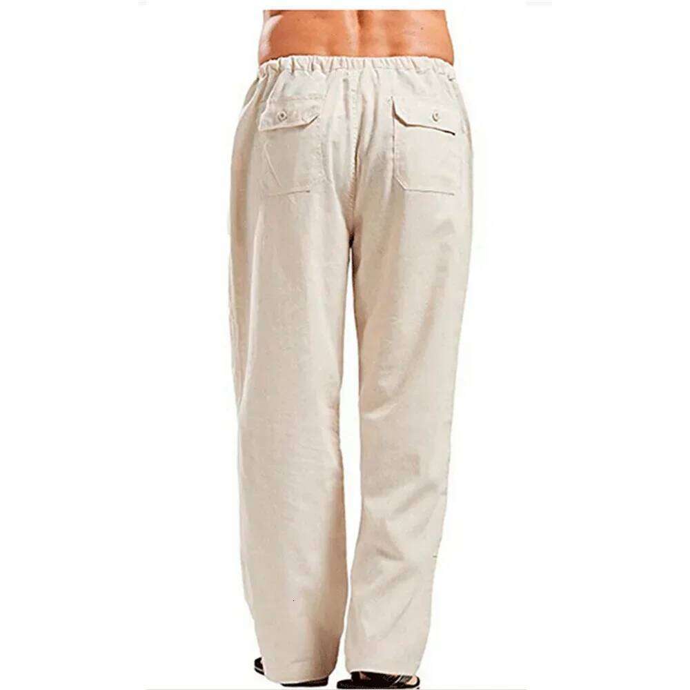 Men's Cotton Summer Solid Color Breathable Linen Trousers Male Casual Elastic Waist Fitness Pants