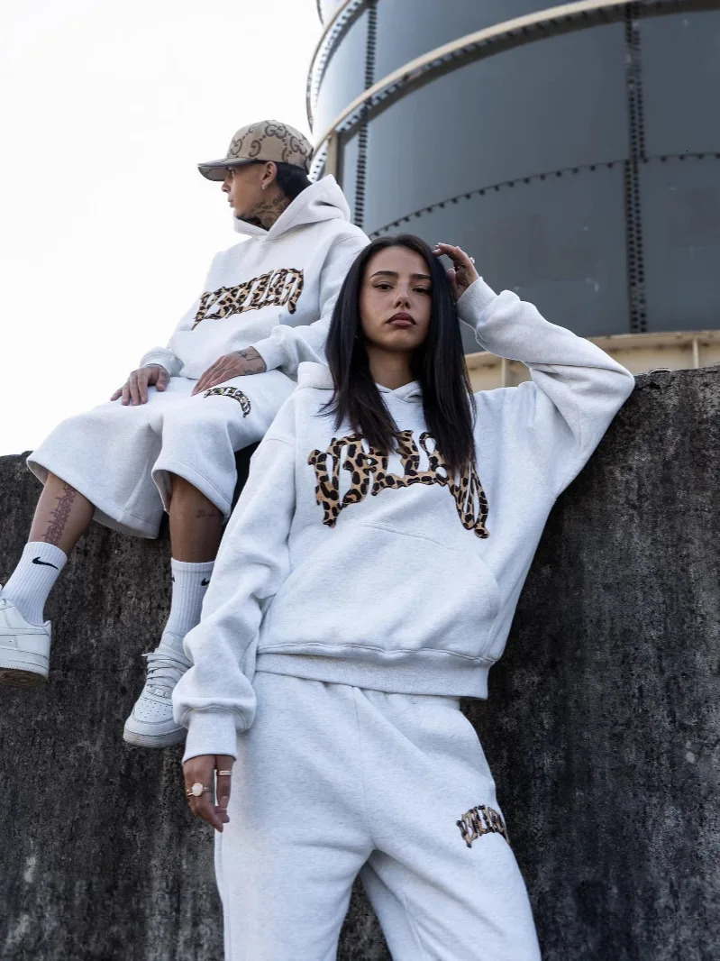 fashionable leopard print letter embroidery street casual pants mens and womens versatile hooded sweatshirt pants set Y2K 260311