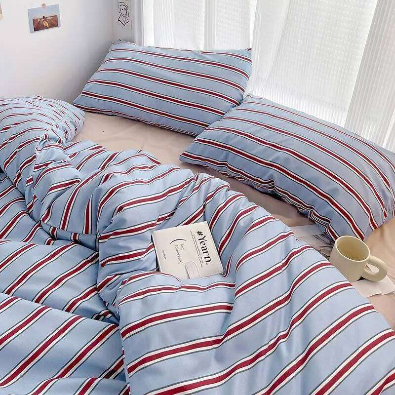 Simple Style Red And Blue Stripe Duvet Cover Bed Flat Sheet Washed Cotton Bedding Set for kids adult H260312