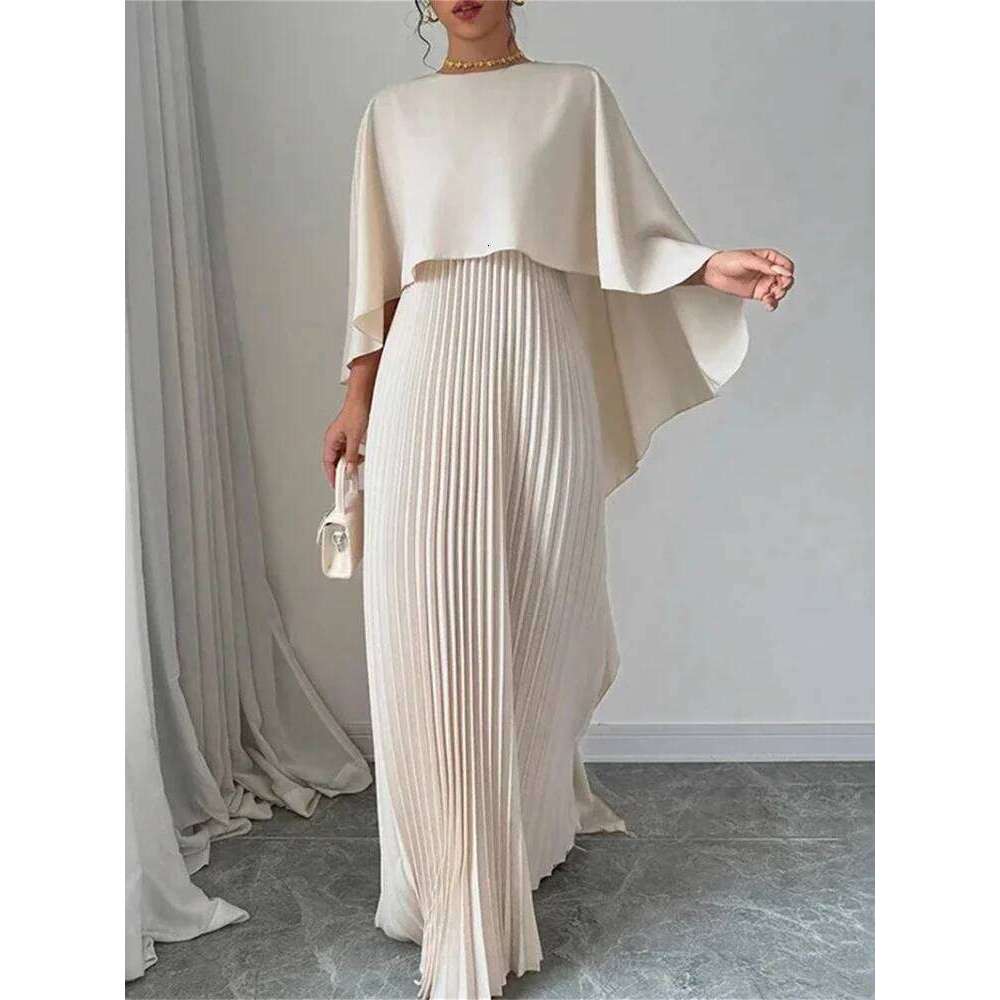 Spring Summer Elegant Crew Neck Pleated Dresses Women Casual Solid Loose Long Cloak Sleeves Ruffle Maxi Dress Vestidos C260312
