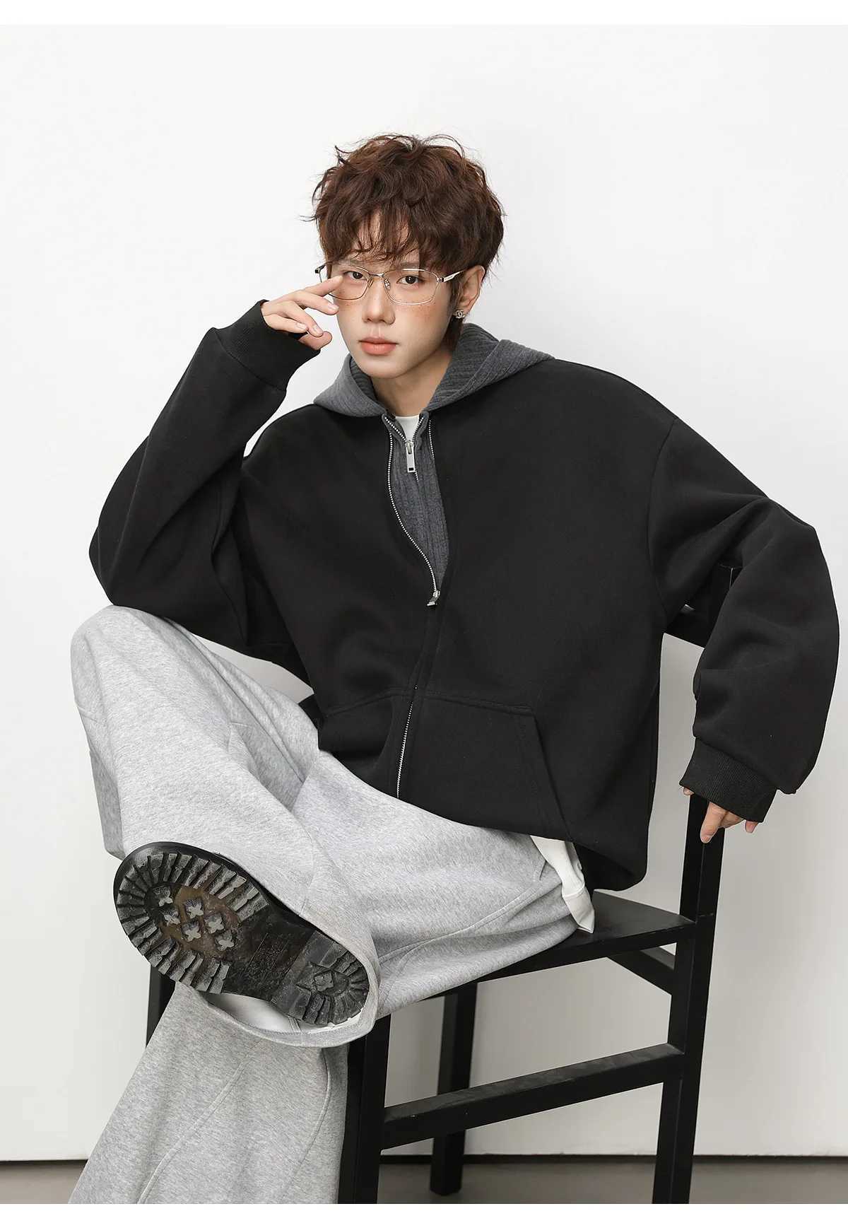 Heavyweight Textured Knit Patchwork Fake Two-Piece Cardigan Hooded Sweatshirt for Men Versatile Casual Outerwear M260312