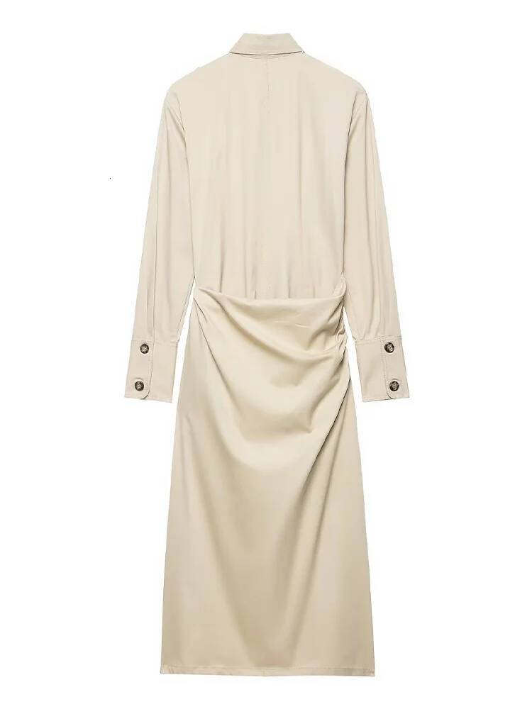 HH Woman Fashion Folds Strap Decoration Single Breasted Female Spring Long Sleeves Pockets Turn-down Collar Midi Dress